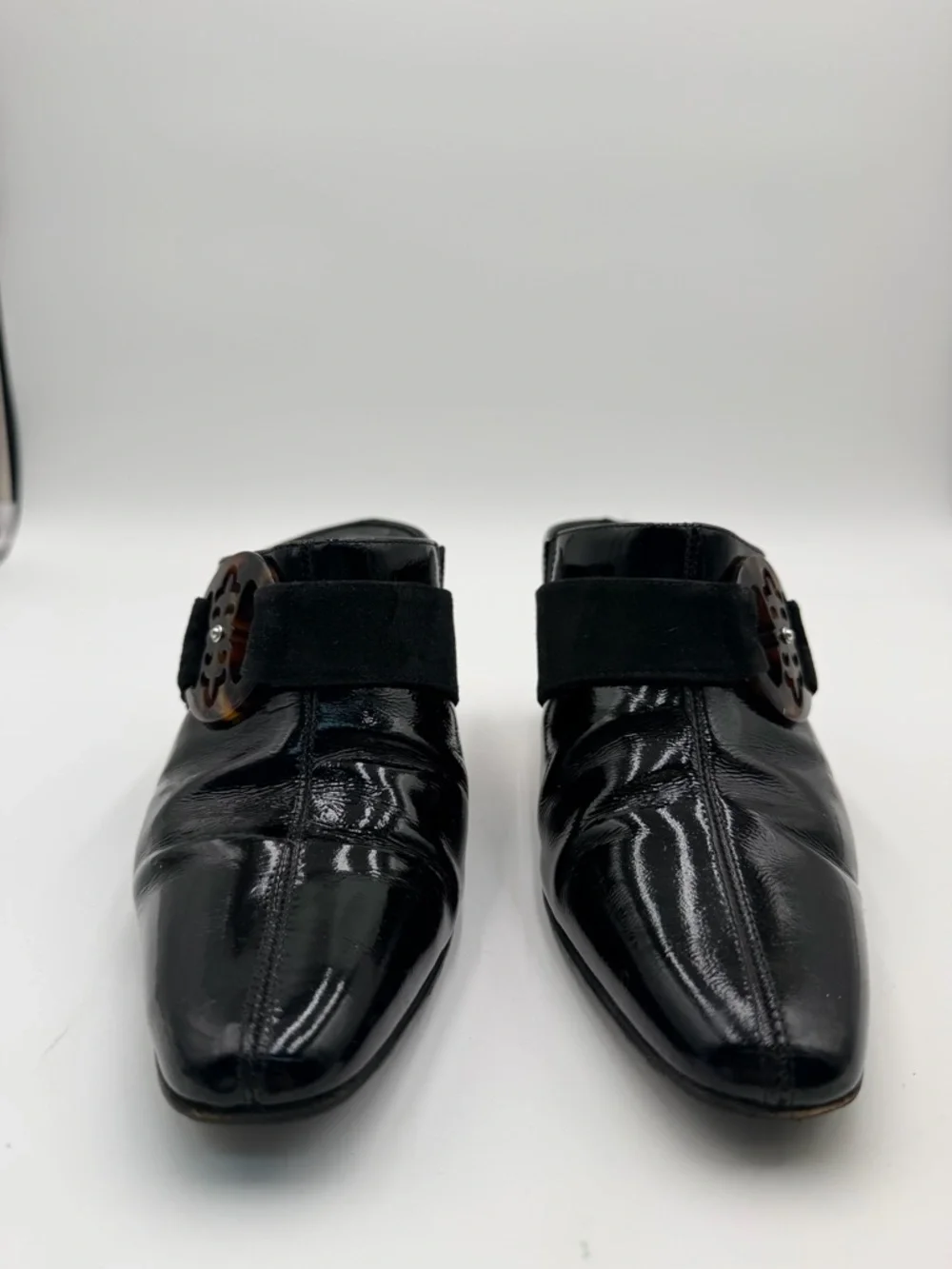 Brighton Rococo black patent leather suede slip-on mule heels made in Italy